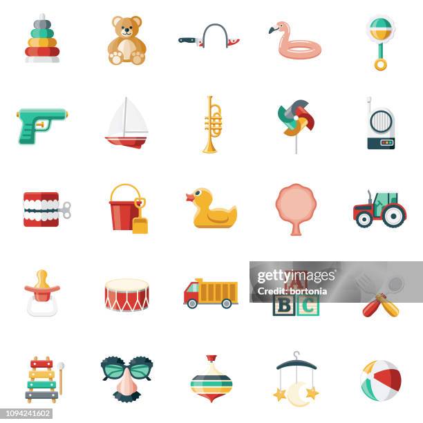 ilustraciones, imágenes clip art, dibujos animados e iconos de stock de conjunto de iconos de juguetes de los niños - osito de peluche