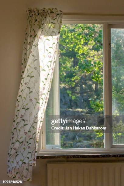 summer wind catching curtain in window - curtains blowing stock pictures, royalty-free photos & images