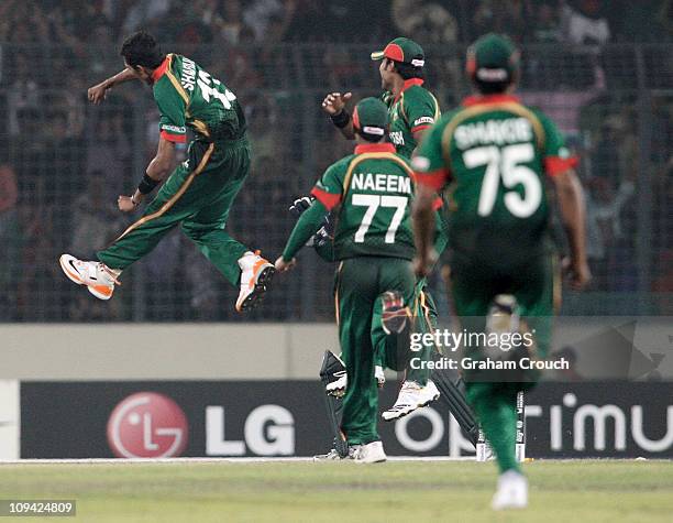 Shafiul Islam celebrates the dismissal of Andre Botha of Ireland during the 2011 ICC World Cup Group B match between Bangladesh and Ireland at...