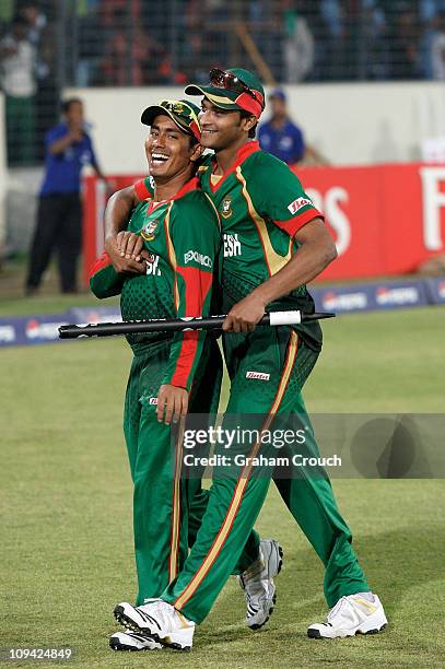 Mohammad Ashraful and Shakib Al Hasan of Bangladesh celebrate their win in the 2011 ICC World Cup Group B match between Bangladesh and Ireland at...