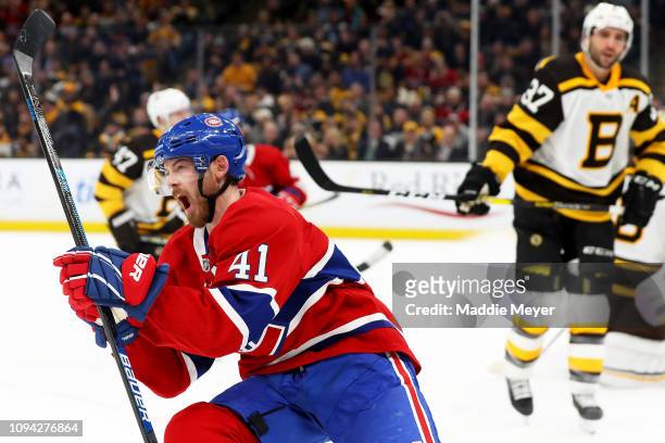 Paul Byron of the Montreal Canadiens celebrates after scoring a goal against the Boston Bruins during the second period at TD Garden on January 14,...