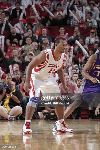 Chuck Hayes of the Houston Rockets moves the ball against the Phoenix Suns on November 22, 2010 at the Toyota Center in Houston, Texas. NOTE TO USER:...