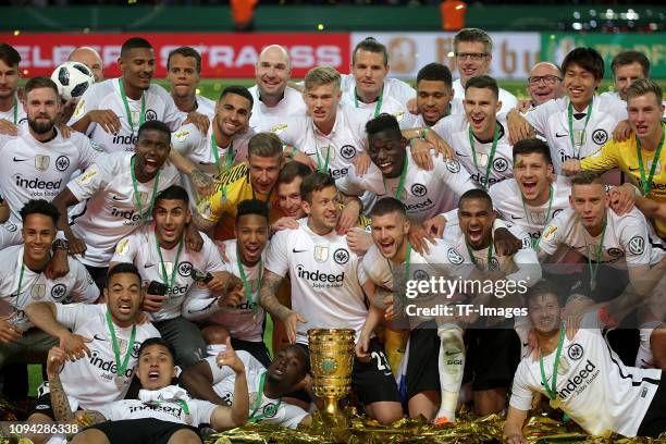 The players of Eintracht Frankfurt with the trophy at the celebration ceremony after winning the DFB Cup final between Bayern Muenchen and Eintracht...