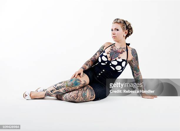 tattooed woman on white background - neckline stock pictures, royalty-free photos & images