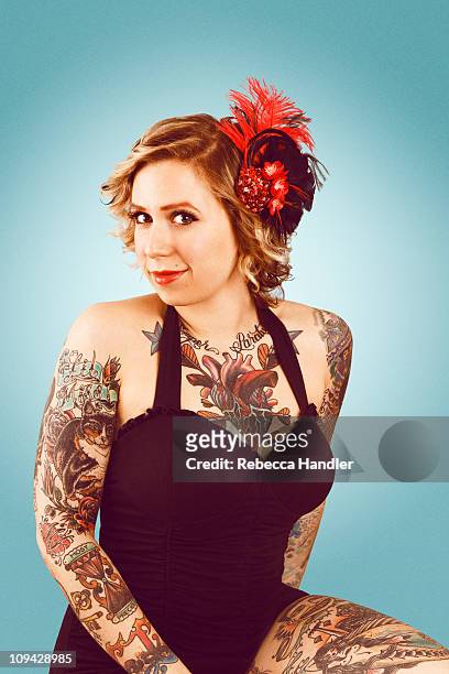 portrait of tattooed woman - pin up girl tattoo stock pictures, royalty-free photos & images