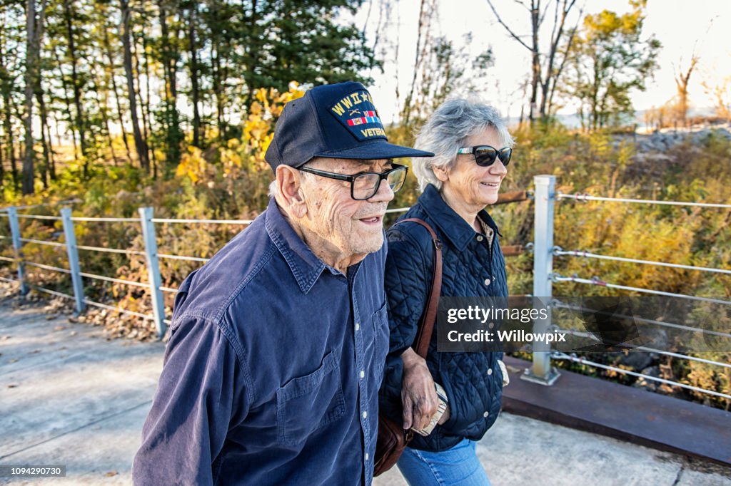 WWII USA Military War Veteran Father and Daughter Walking