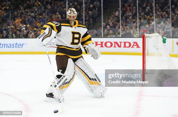 Tuukka Rask of the Boston Bruins tends net during the second period against the Montreal Canadiens at TD Garden on January 14, 2019 in Boston,...