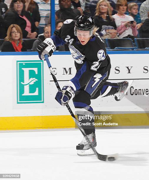 Johan Harju of the Tampa Bay Lightning shoots the puck against the Phoenix Coyotes at the St. Pete Times Forum on February 23, 2011 in Tampa, Florida.