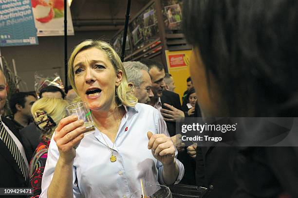 President of the National Front Party Marine Le Pen Visits Salon de l'Agriculture at Parc des Expositions Porte de Versailles on February 25, 2011 in...