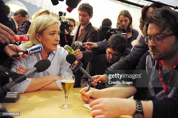 President of the National Front Party Marine Le Pen Visits Salon de l'Agriculture at Parc des Expositions Porte de Versailles on February 25, 2011 in...