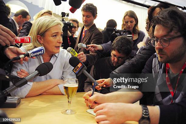 President of the National Front Party Marine Le Pen Visits Salon de l'Agriculture at Parc des Expositions Porte de Versailles on February 25, 2011 in...