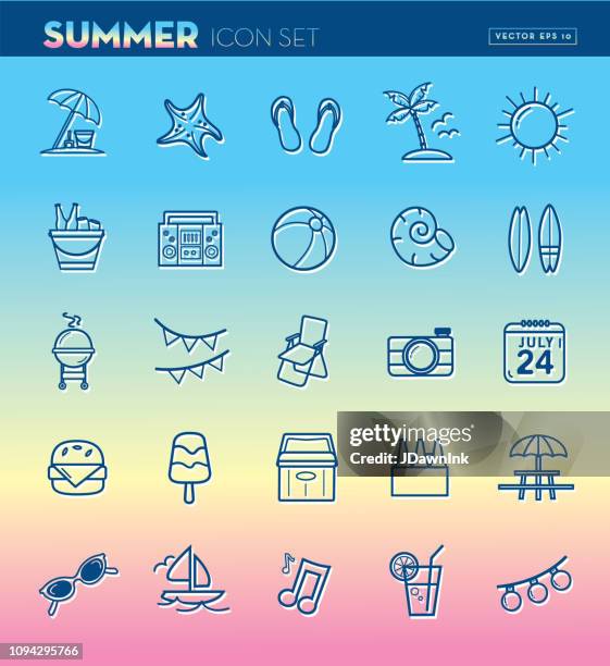 summer party season flat simple outline design icon set - beach picnic table stock illustrations