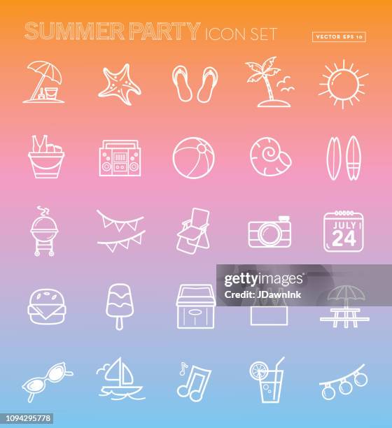 summer party season flat simple outline design icon set - ice bucket stock illustrations