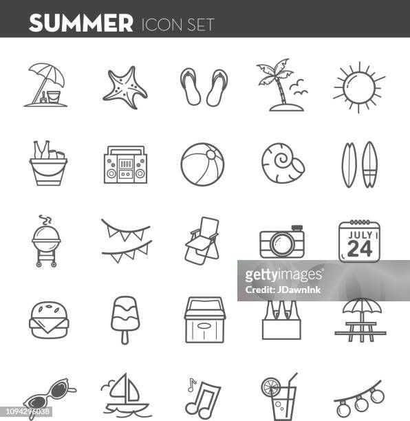 summer party season flat simple outline design icon set - beach bbq stock illustrations