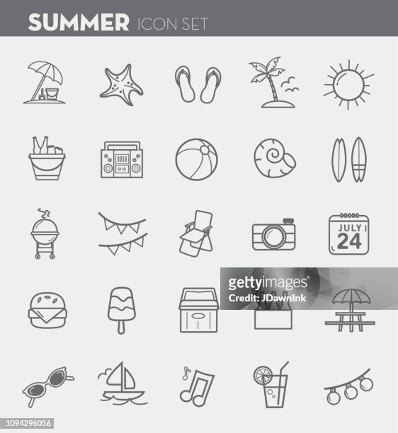 summer party season flat simple outline design icon set - beach party stock illustrations