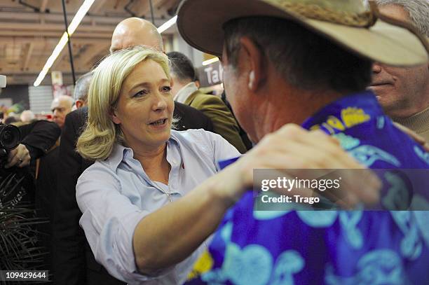 President of the National Front Party Marine Le Pen Visits Salon de l'Agriculture at Parc des Expositions Porte de Versailles on February 25, 2011 in...