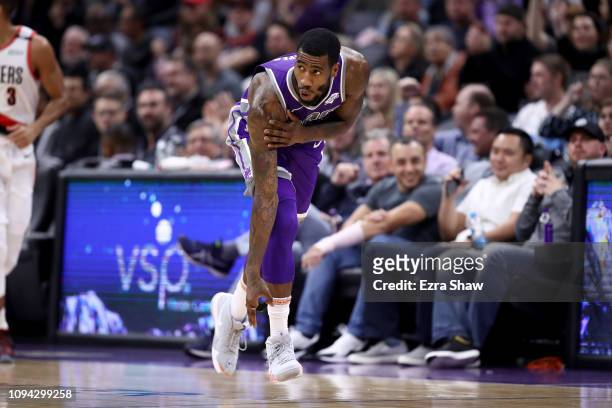 Iman Shumpert of the Sacramento Kings reacts after making a shot against the Portland Trail Blazers at Golden 1 Center on January 14, 2019 in...