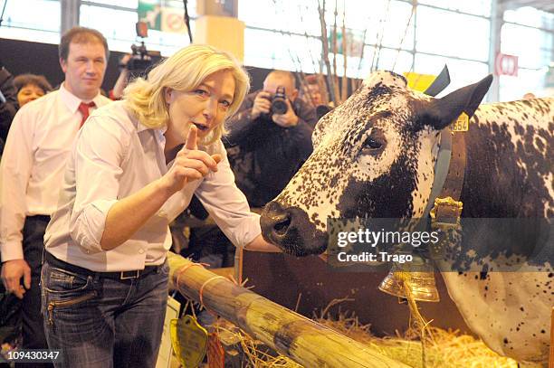 President of the National Front Party Marine Le Pen Visits Salon de l'Agriculture at Parc des Expositions Porte de Versailles on February 25, 2011 in...