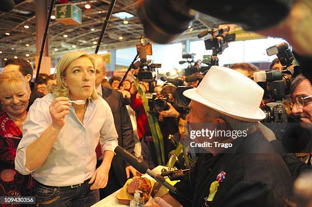 President of the National Front Party Marine Le Pen Visits Salon de l'Agriculture at Parc des Expositions Porte de Versailles on February 25, 2011 in...