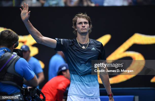 Alexander Zverev of Germany thanks the crowd on Rod Laver Arena after his victory against Aljaz Bedene of Slovakia during day two of the 2019...