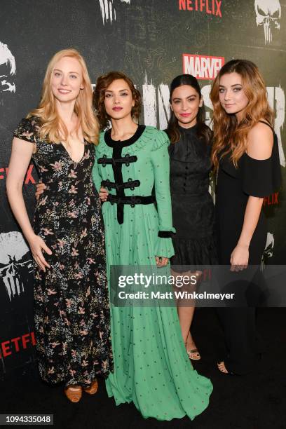 Deborah Ann Woll, Amber Rose Revah, Floriana Lima and Giorgia Whigham attend Marvel's "The Punisher" Los Angeles Premiere at ArcLight Hollywood on...