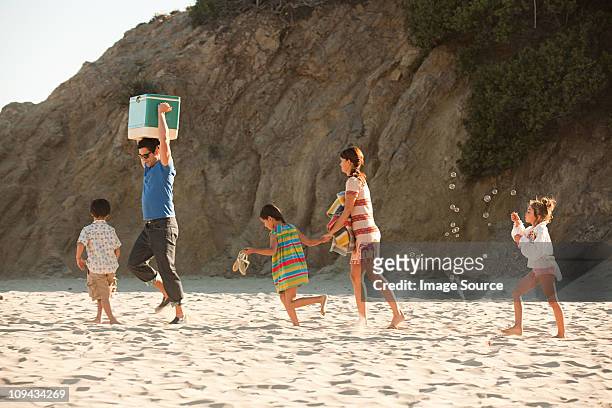familie am strand, vater tragen coolbox - kühlbehälter stock-fotos und bilder