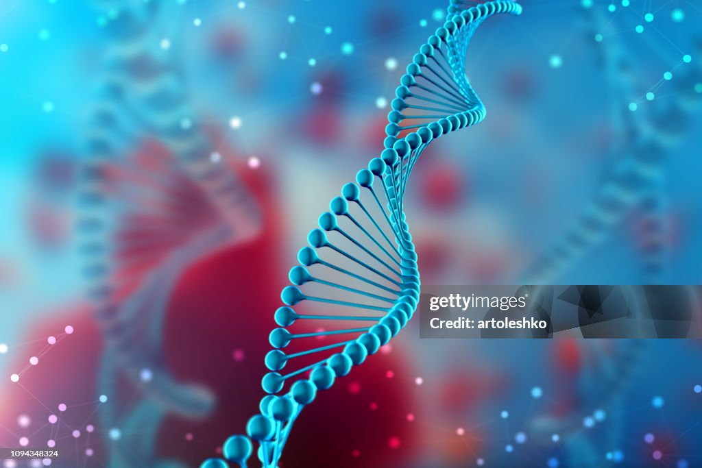 3d Illustration of DNA molecule. The blue helical molecule of a nucleotide in organism. Genome and modification