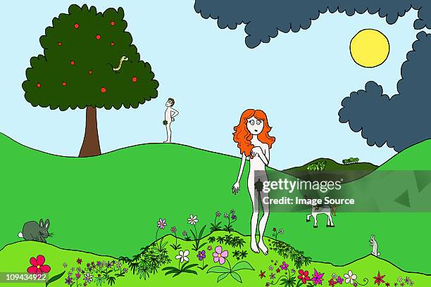 illustrations, cliparts, dessins animés et icônes de adam and eve in the garden of eden, illustration - creation of adam