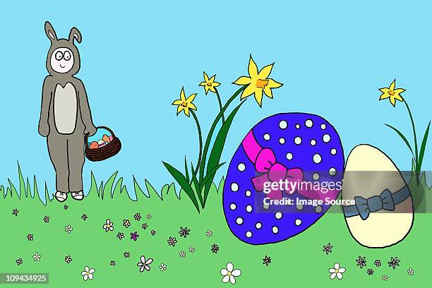 easter bunny with easter eggs, illustration - easter bunny costume stock illustrations
