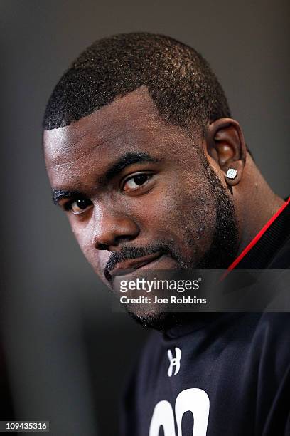 Alabama Crimson Tide running back Mark Ingram answers questions during a media session at the 2011 NFL Scouting Combine at Lucas Oil Stadium on...