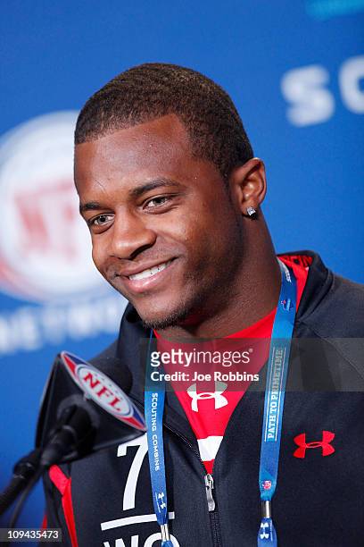 Kentucky Wildcats wide receiver Randall Cobb answers questions during a media session at the 2011 NFL Scouting Combine at Lucas Oil Stadium on...