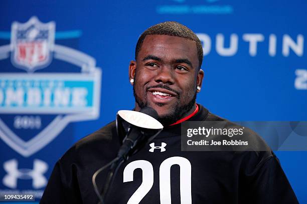 Alabama Crimson Tide running back Mark Ingram answers questions during a media session at the 2011 NFL Scouting Combine at Lucas Oil Stadium on...