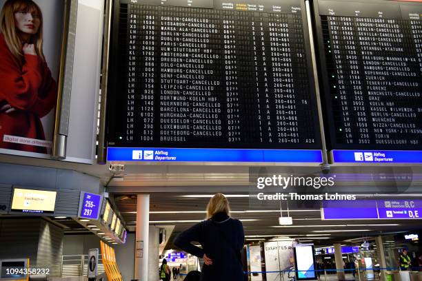 Passenger looks to the departures board showing cancelled flights at Frankfurt Airport during a strike by security personnel on January 15, 2019 in...