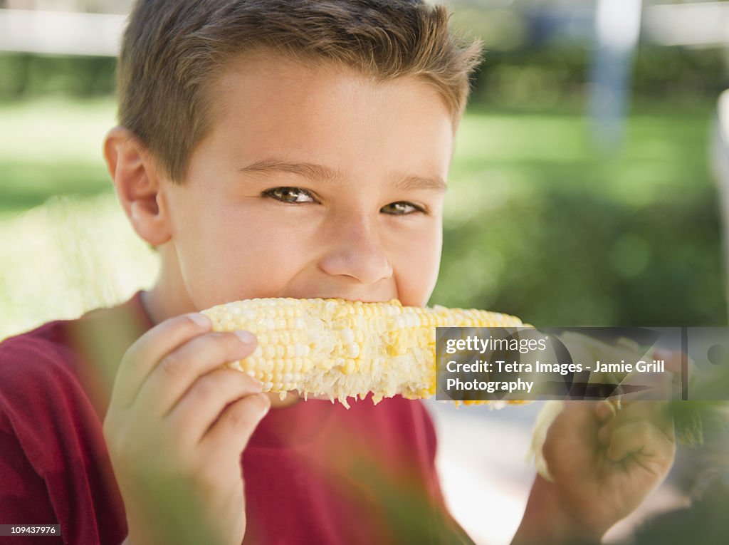 USA, New York, Flanders, Boy (8-9) eating corn