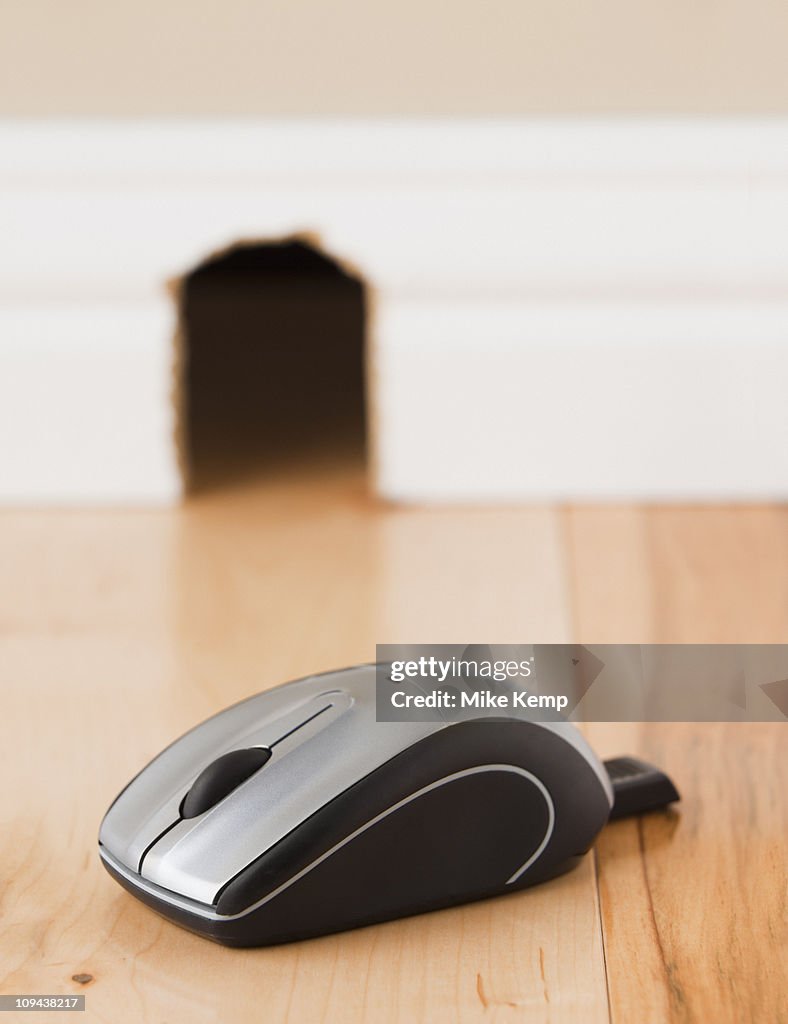 Computer mouse on floor in front of mouse hole