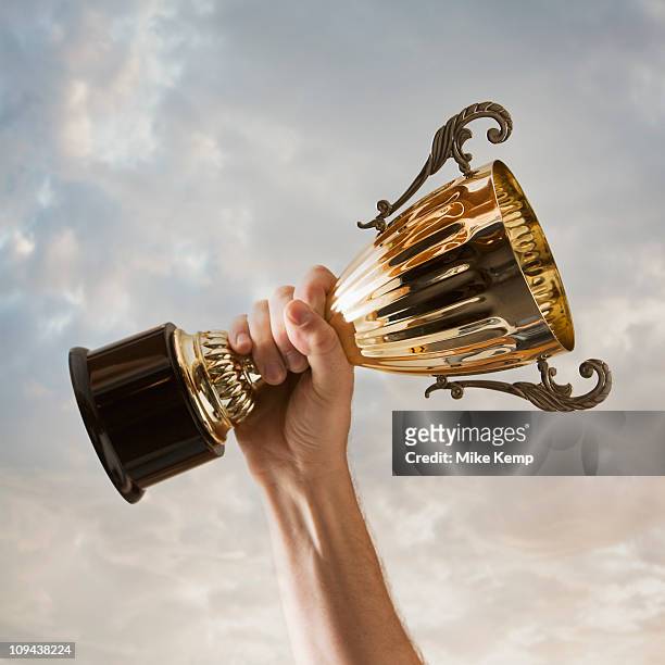 hand holding trophy against sky - premio fotografías e imágenes de stock
