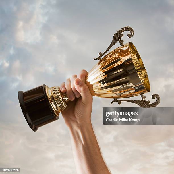 hand holding trophy against sky - troféu imagens e fotografias de stock