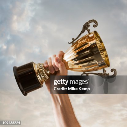 Hand holding trophy against sky Hand holding trophy against sky