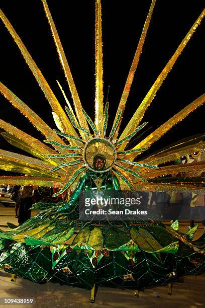 Jenoil Mendoza, of Showtime, portrays "Living Daylight Color of Green" at the King and Queen of Carnival premilinaries at the Queen's Park Savannah...