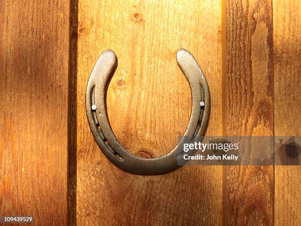 usa, colorado, horseshoe hanging on wooden wall, close-up - horseshoe stock pictures, royalty-free photos & images