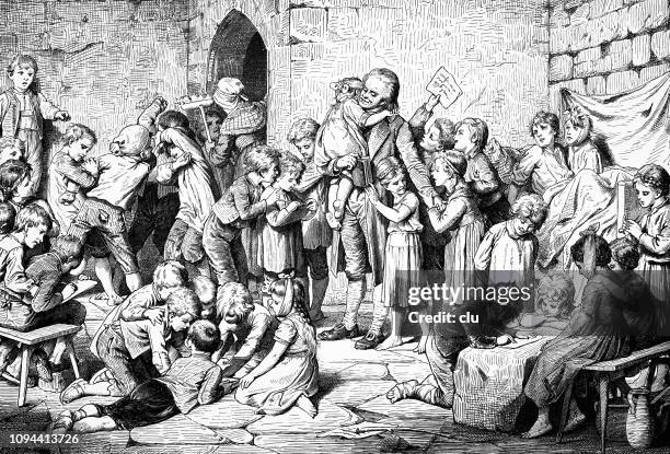 johann heinrich pestalozzi, swiss teacher, 1746-1827, among orphans in ridwalden - reform school stock illustrations