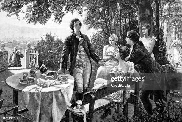 the young goethe among friends on the mühlberg near frankfurt - picnic friends stock illustrations