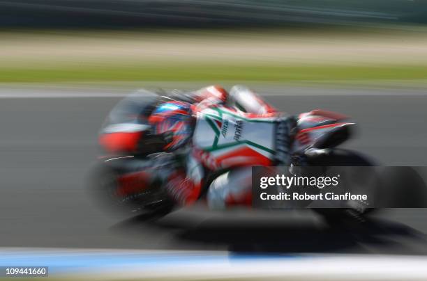 Max Biaggi of Italy rides the Aprilia Alitalia Racing Team Aprilia during practice for round one of the Superbike World Championship at Phillip...