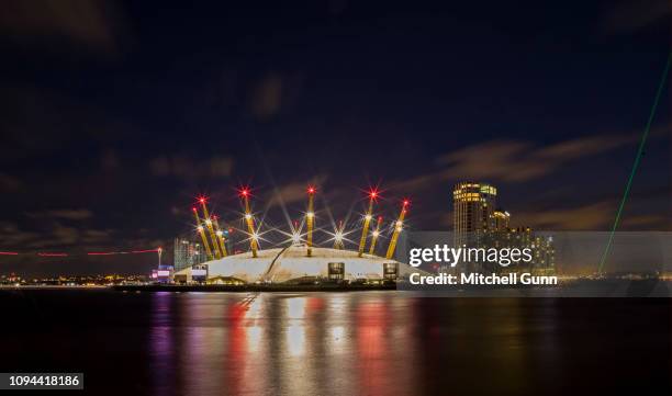 Long exposure general view of the O2 Arena and River Thames, on December 29, 2018 in London, United Kingdom.