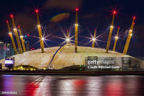 Long exposure general view of the O2 Arena and River Thames, on December 29, 2018 in London, United Kingdom.