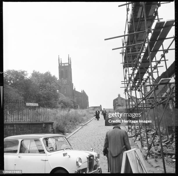 St Mary's Church, St Mary's Street, Quarry Hill, Leeds, 1966-1974. A view looking along St Mary's Street towards the church with scaffolding around...