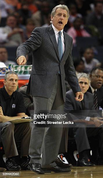 Head coach Paul Westphal of the Sacramento Kings reacts to his team against the Charlotte Bobcats during their game at Time Warner Cable Arena on...