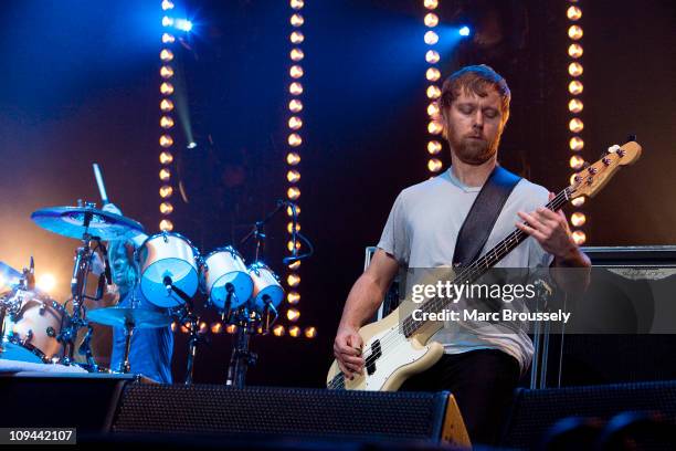 Taylor Hawkins and Nate Mendel of Foo Fighters perform on stage during NME Awards Big Gig at Wembley Arena on February 25, 2011 in London, United...