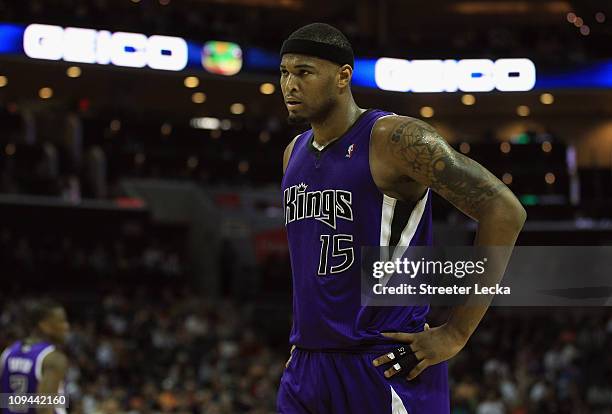 DeMarcus Cousins of the Sacramento Kings reacts to a call against the Charlotte Bobcats during their game at Time Warner Cable Arena on February 25,...