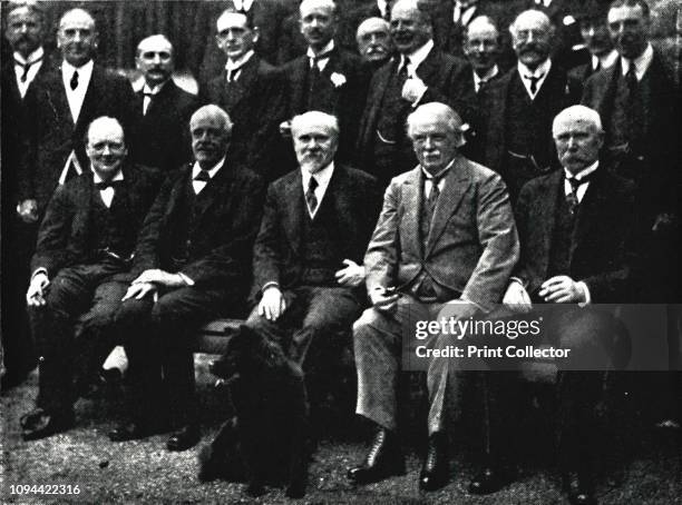 At Number 10, Downing Street', circa 1922, . Sir Winston Churchill with Arthur Balfour, French President Raymond Poincare, British Prime Minister...